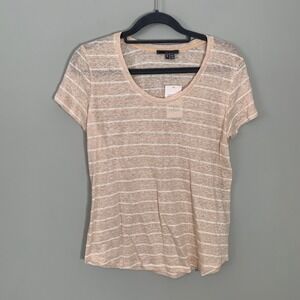 NEW Vince Womens Striped Linen Cotton Scoop Neck T-Shirt Beige White